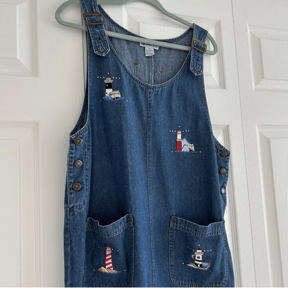 Vintage 4th of July Denim Dress Women's L Lighthouse Embroidered Dress Overall - Picture 2 of 10